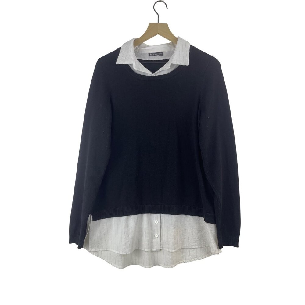 Women's Large Adrianna Papell Twofer Black Layered Sweater Poplin Shirt